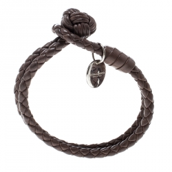 Pre Owned Bottega Veneta Intrecciato Nappa Brown Leather Double Strand Bracelet 16cm