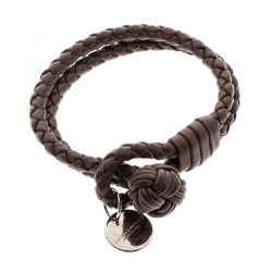 Pre Owned Bottega Veneta Intrecciato Nappa Brown Leather Double Strand Bracelet 16cm