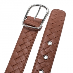 Pre Owned Bottega Veneta Brown Intrecciato Leather Belt 85CM
