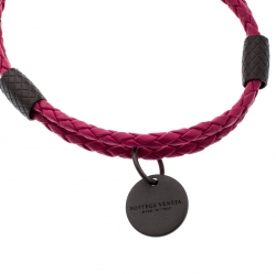 Pre Owned Bottega Veneta Intrecciato Pink Woven Leather Adjustable Double Strand Bracelet 
