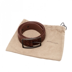 Pre Owned Bottega Veneta Bronze Intrecciato Leather Buckle Belt 80CM
