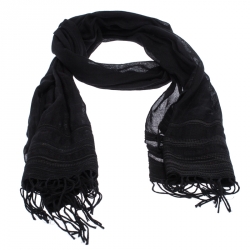Pre Owned Bottega Veneta Black Leather Trim Fringed Cashmere Blend Scarf
