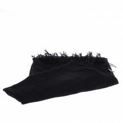 Pre Owned Bottega Veneta Black Leather Trim Fringed Cashmere Blend Scarf