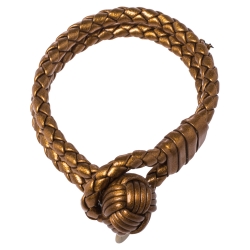 Pre Owned Bottega Veneta Bronze Gold Leather Double Strand Intrecciato Bracelet S