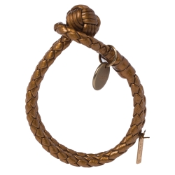 Pre Owned Bottega Veneta Bronze Gold Leather Double Strand Intrecciato Bracelet S