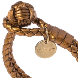 Pre Owned Bottega Veneta Bronze Gold Leather Double Strand Intrecciato Bracelet S
