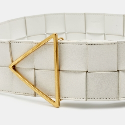 Pre Owned Bottega Veneta White Intrecciato Leather Triangle Wide Belt 75CM