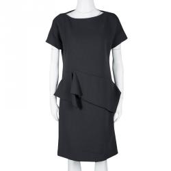 Pre Owned Bottega Veneta Grey Crepe Wool Ruffle Detail Short Sleeve Dress M