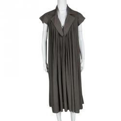 مملوكة مسبقًا Bottega Veneta Grey Draped Collar Detail Crinkled Dress S
