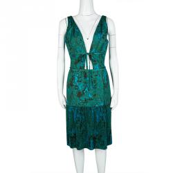 Pre Owned Bottega Veneta Blue and Green Printed Plisse Tie Detail Sleeveless Dress M