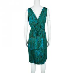 Pre Owned Bottega Veneta Blue and Green Printed Plisse Tie Detail Sleeveless Dress M