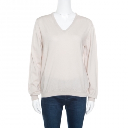 Pre Owned Bottega Veneta Cream Textured Wool V-Neck Sweater XL