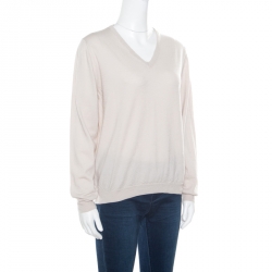 Pre Owned Bottega Veneta Cream Textured Wool V-Neck Sweater XL