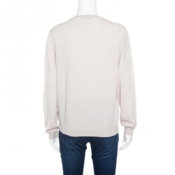 Pre Owned Bottega Veneta Cream Textured Wool V-Neck Sweater XL