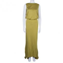 Pre Owned Bottega Veneta Yellow Jersey Belted Gown M