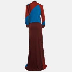 مملوكة مسبقًا Bottega Veneta Brown/Blue Patch Work Jersey Buttoned Maxi Dress M