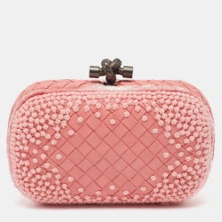 Pre Owned Bottega Veneta Pink Embroidered Intrecciato Leather Knot Clutch