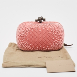 Pre Owned Bottega Veneta Pink Embroidered Intrecciato Leather Knot Clutch