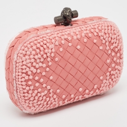 Pre Owned Bottega Veneta Pink Embroidered Intrecciato Leather Knot Clutch
