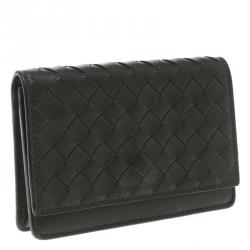 Pre Owned Bottega Veneta Dark Grey Leather Intrecciato Card Holder