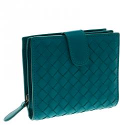 Pre Owned محفظة بوتيغا فينيتا كومباكت جلد انترشياتو تركواز