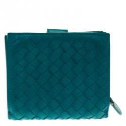 Pre Owned محفظة بوتيغا فينيتا كومباكت جلد انترشياتو تركواز