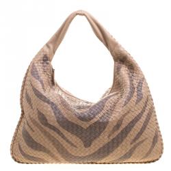 Pre Owned Bottega Veneta Beige Tiger Print Intrecciato Leather Python Trim Hobo
