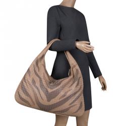 Pre Owned Bottega Veneta Beige Tiger Print Intrecciato Leather Python Trim Hobo
