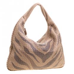 Pre Owned Bottega Veneta Beige Tiger Print Intrecciato Leather Python Trim Hobo