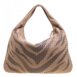 Pre Owned Bottega Veneta Beige Tiger Print Intrecciato Leather Python Trim Hobo
