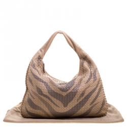 Pre Owned Bottega Veneta Beige Tiger Print Intrecciato Leather Python Trim Hobo