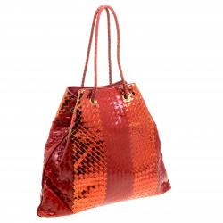 Pre Owned Bottega Veneta Metallic Red Liquid Stripe Intrecciato Leather Oversized Tote