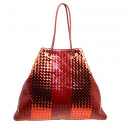 Pre Owned Bottega Veneta Metallic Red Liquid Stripe Intrecciato Leather Oversized Tote