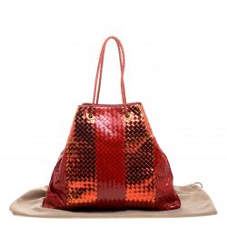 Pre Owned Bottega Veneta Metallic Red Liquid Stripe Intrecciato Leather Oversized Tote