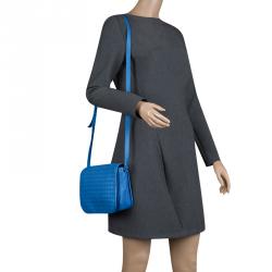 Pre Owned Bottega Veneta Blue Intrecciato Leather Full Flap Crossbody Bag