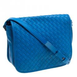Pre Owned Bottega Veneta Blue Intrecciato Leather Full Flap Crossbody Bag