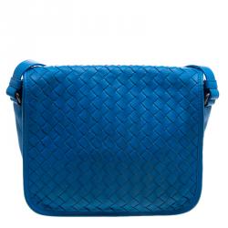 Pre Owned Bottega Veneta Blue Intrecciato Leather Full Flap Crossbody Bag