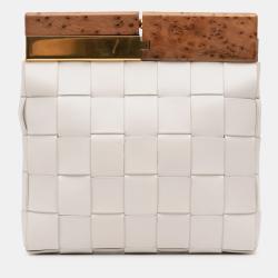 Pre Owned Bottega Veneta White Lambskin Maxi Intrecciato The Snap Clutch