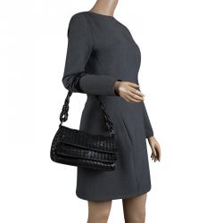 Pre Owned Bottega Veneta Black Intrecciato Leather Braided Handle Flap Shoulder Bag 