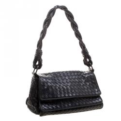 Pre Owned Bottega Veneta Black Intrecciato Leather Braided Handle Flap Shoulder Bag 