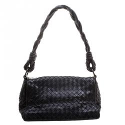 Pre Owned Bottega Veneta Black Intrecciato Leather Braided Handle Flap Shoulder Bag 