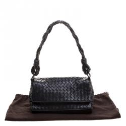 Pre Owned Bottega Veneta Black Intrecciato Leather Braided Handle Flap Shoulder Bag 