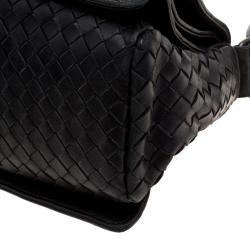 Pre Owned Bottega Veneta Black Intrecciato Leather Braided Handle Flap Shoulder Bag 