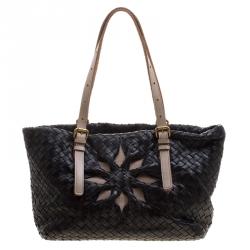 Pre Owned Bottega Veneta Black Intrecciato Leather Marquise Flower Tote
