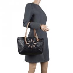 Pre Owned Bottega Veneta Black Intrecciato Leather Marquise Flower Tote