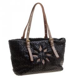 Pre Owned Bottega Veneta Black Intrecciato Leather Marquise Flower Tote