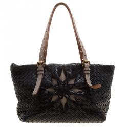 Pre Owned Bottega Veneta Black Intrecciato Leather Marquise Flower Tote