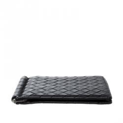 مملوكة مسبقًا Bottega Veneta Black Intrecciato Leather Money Clip Bi-Fold Wallet
