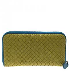 Pre Owned Bottega Veneta Yellow/Blue Intrecciato Nappa Leather Zip Wallet