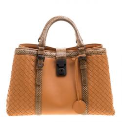 Pre Owned Bottega Veneta Orange Intrecciato Leather Python Trimmed Small Roma Tote